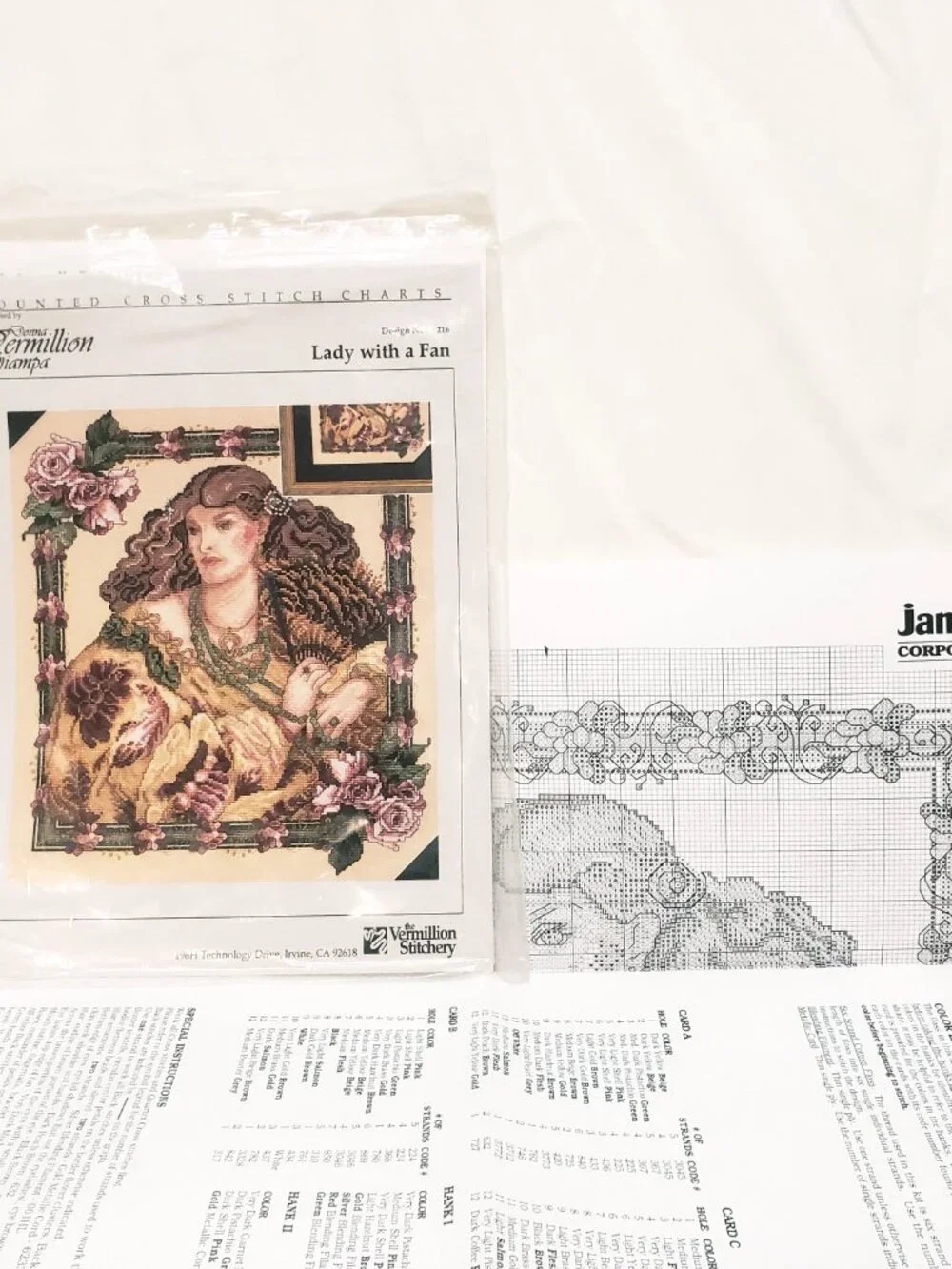 Lady with a Fan Pink Roses Cross Stitch Pattern Vermillion Stitchery